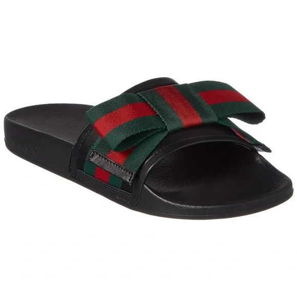 Gucci women’s Black Slides with Red and Green Stripes bow